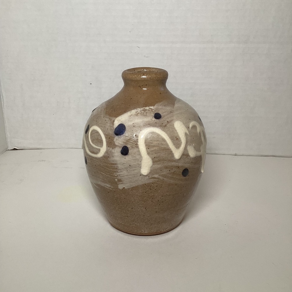 Handmade Studio Pottery Bud Vase Tan Stoneware Blue Polka Dot Signed 5"